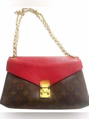 Louis Vuitton Brown Monogram Shoulder Bag with Red Flap & Gold Chain